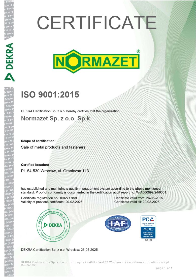 Certyfikat ISO 9001:2015 firmy Normazet – wersja angielska