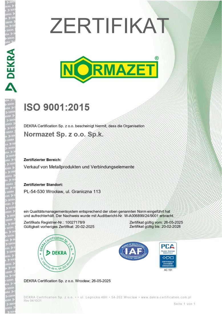 Certyfikat ISO 9001:2015 firmy Normazet – wersja niemiecka