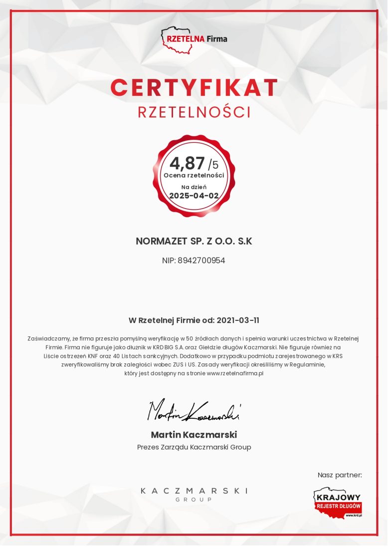 Certyfikat Rzetelności firmy Normazet